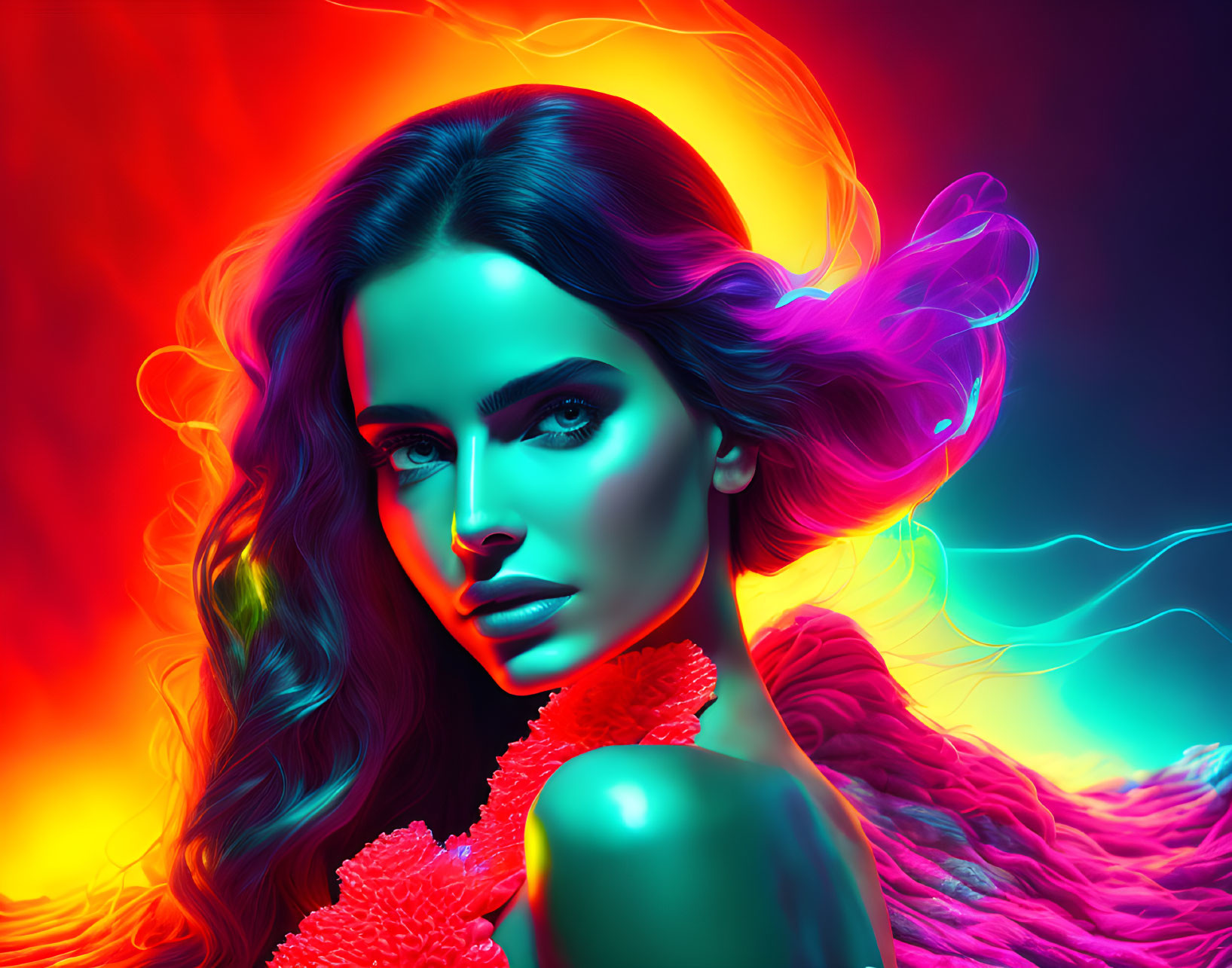 Colorful portrait of a woman illuminated by neon lights and wearing textured clothing