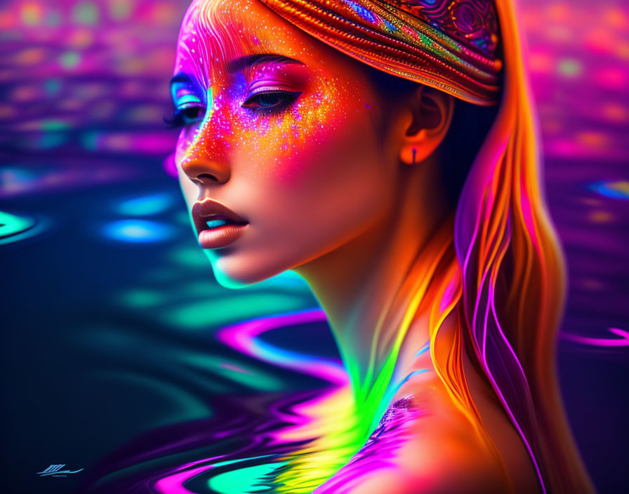 Colorful digital portrait of a woman with neon colors and glowing skin