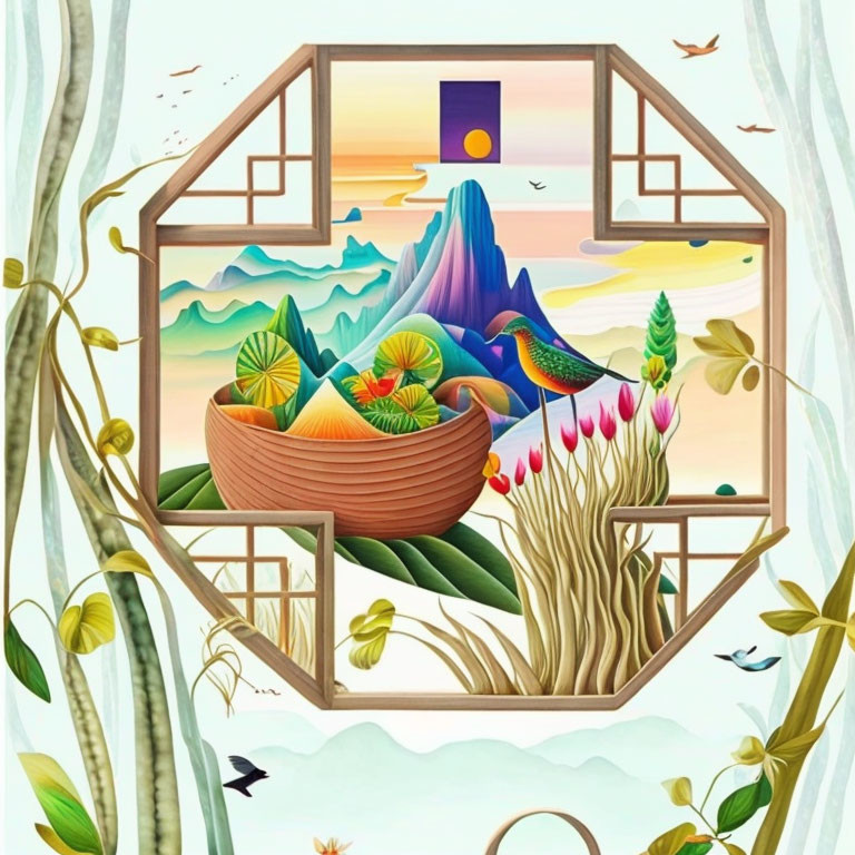 Stylized nature scene with mountains, sunset, birds, and foliage in hexagonal frame