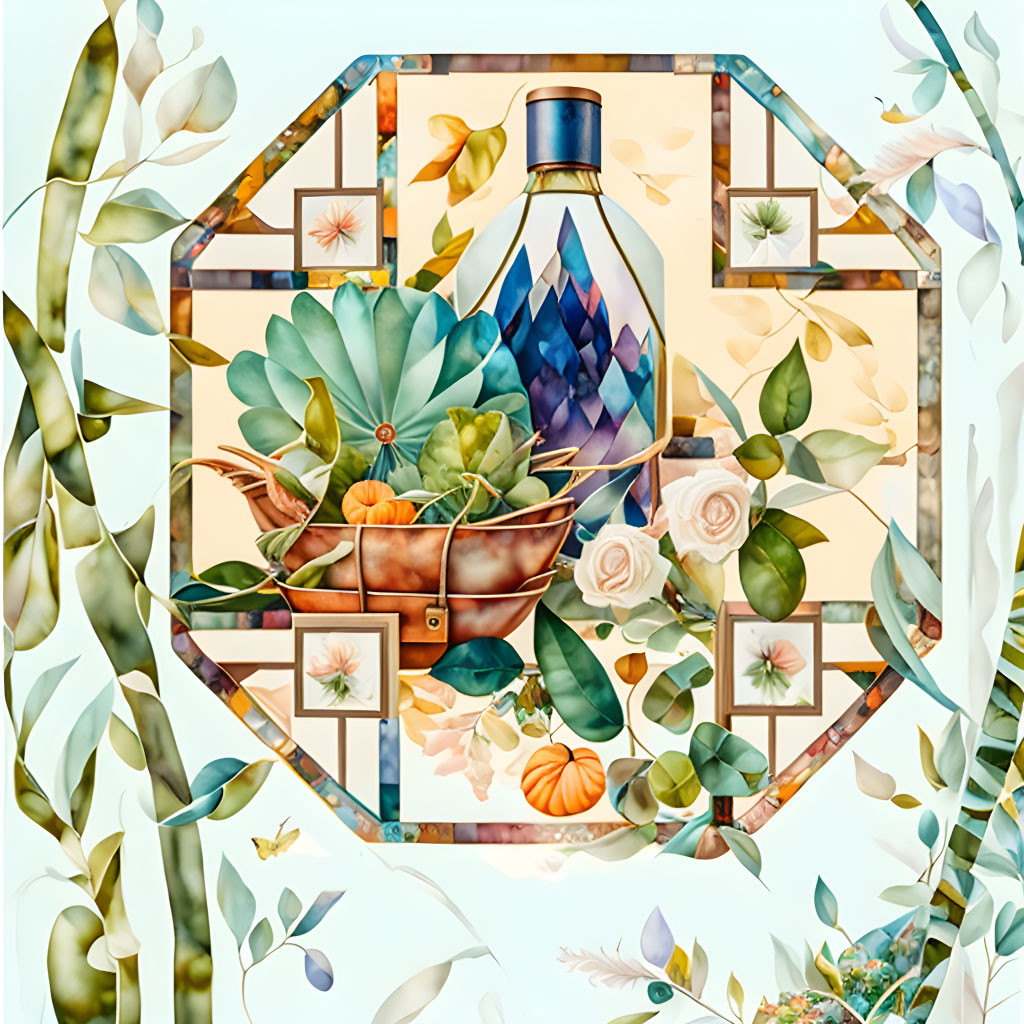 Geometric terrarium with succulents and crystal bottle in stylized illustration