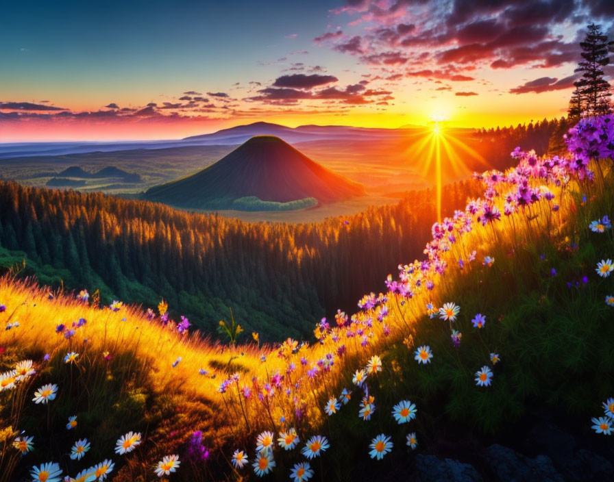 Colorful sunset over valley with conical hill, blooming daisies, and silhouet