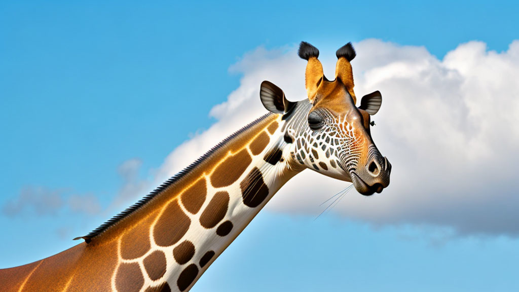 Close-up of giraffe against clear blue sky with long neck and patterned skin.