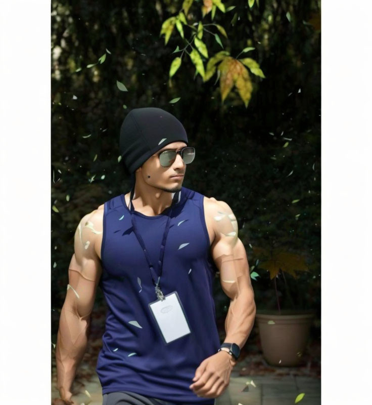 Muscular man in sleeveless top and beanie with sunglasses outdoors.