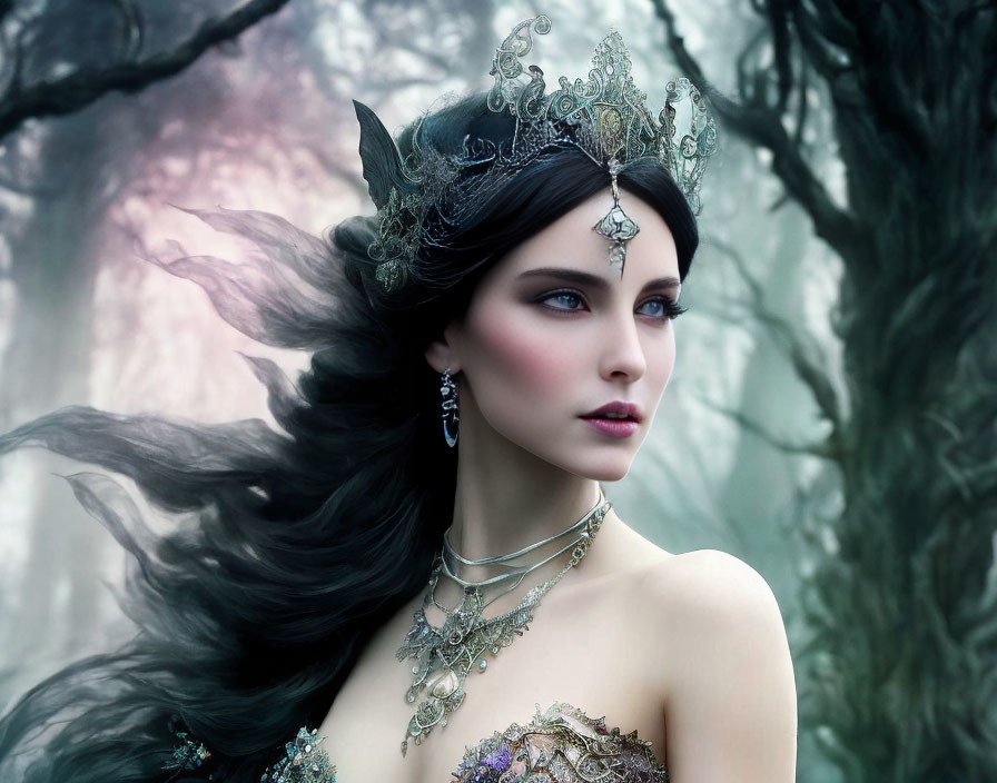 Mystical woman with dark crown in enchanted forest