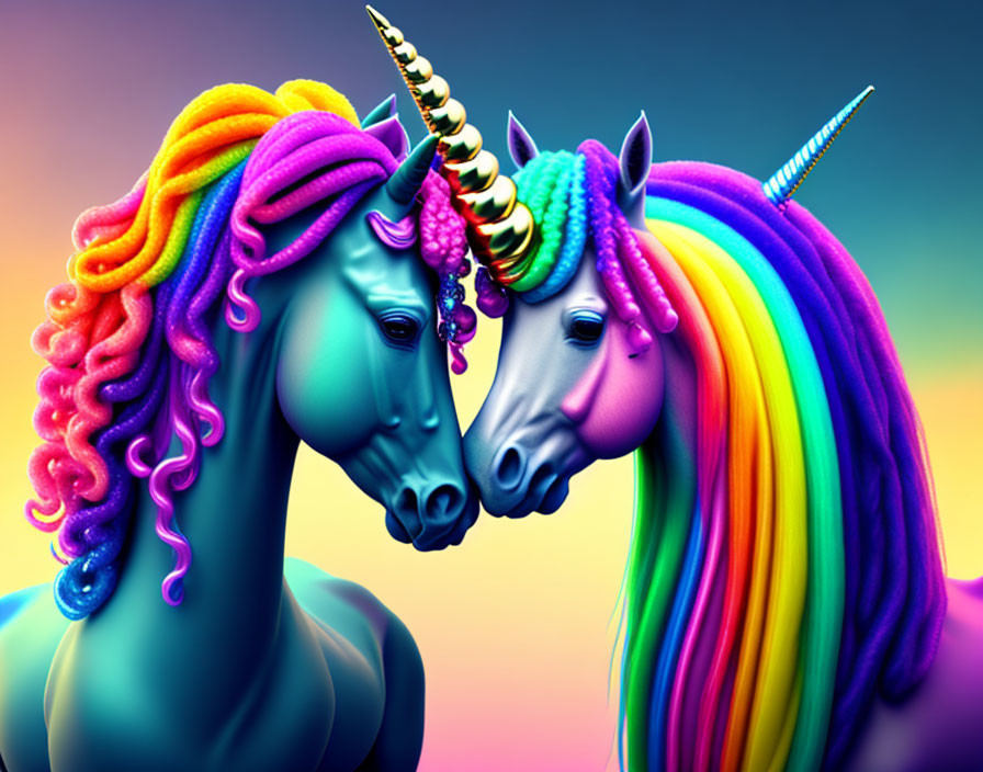 Colorful Unicorns with Rainbow Manes on Gradient Background