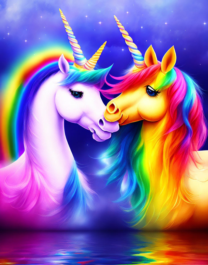 Colorful illustrated unicorns with rainbow manes in cosmic background