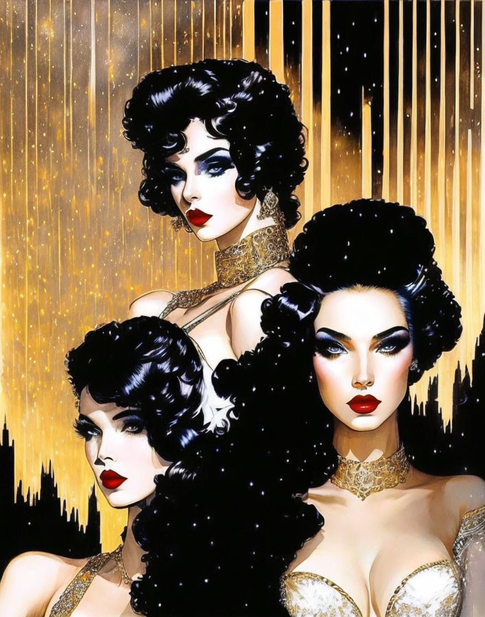 Three Glamorous Women with Voluminous Black Hair and Gold Jewelry in Night Cityscape