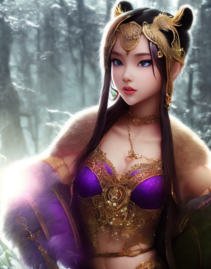 Fantastical female character with cat ears in golden crown and purple top in misty forest.