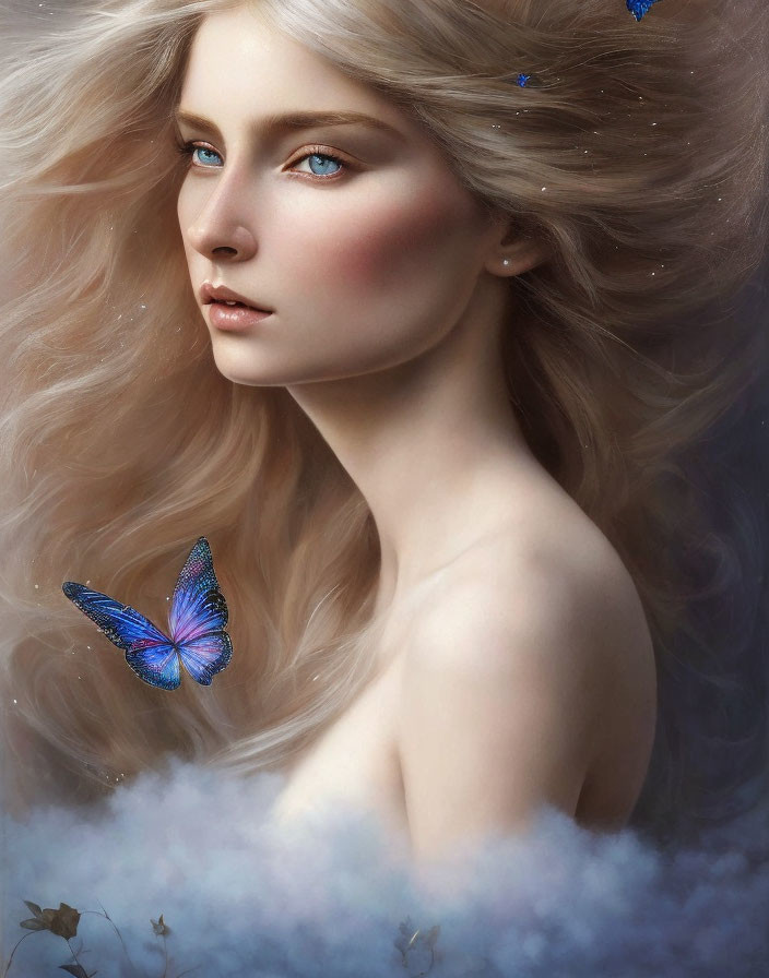 Blonde woman portrait with blue butterfly and floral surroundings