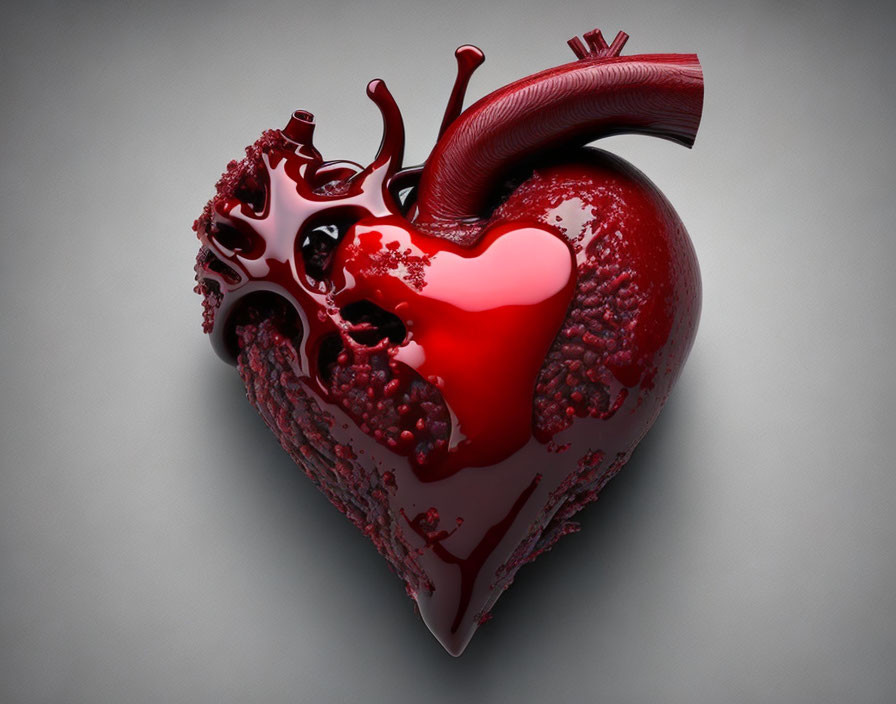 Stylized 3D Rendered Human Heart with Metallic Finish