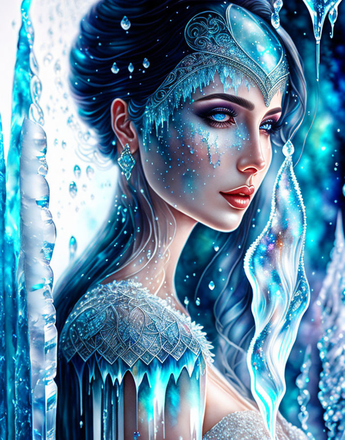 Icy-blue portrait of a woman with crystal adornments and snowflakes