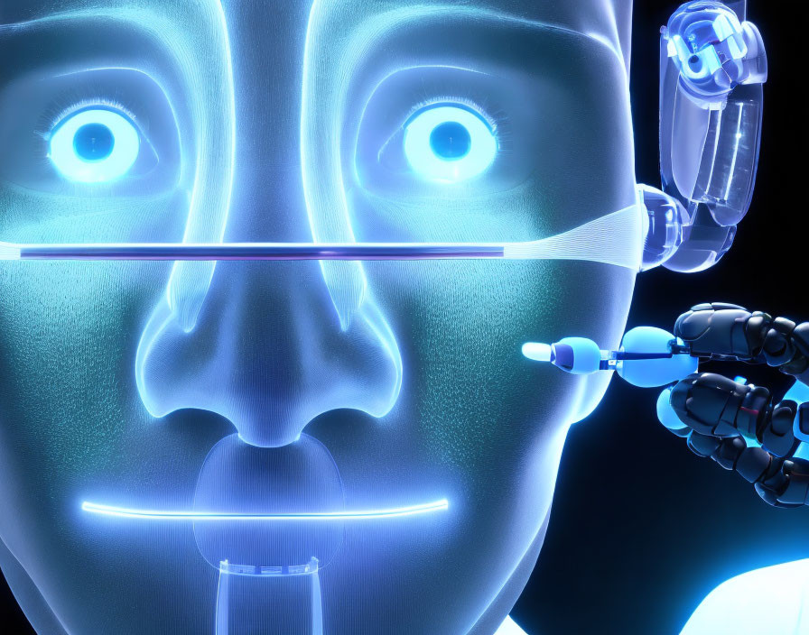 Stylized robotic face with glowing blue skin and eyes, mechanical parts, and laser scan.