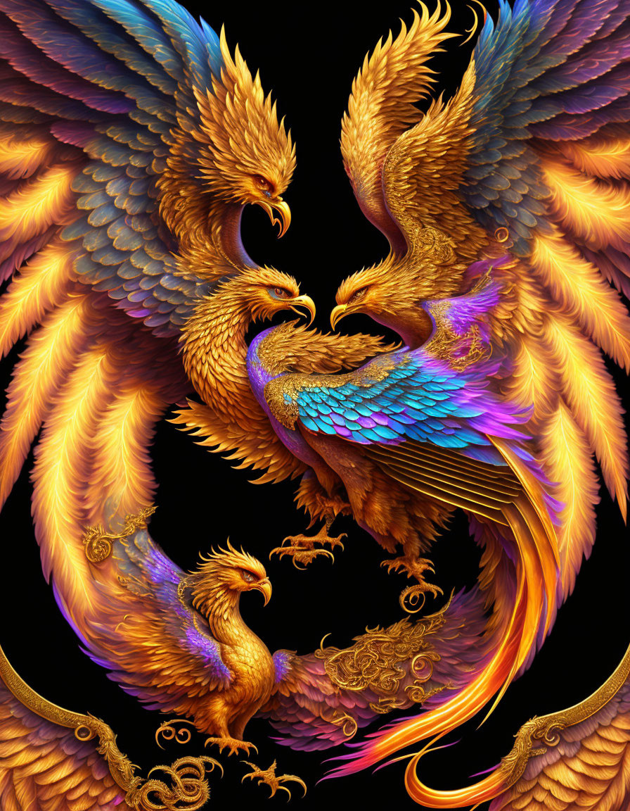 Golden Phoenixes Embraced in Symmetry on Black Background