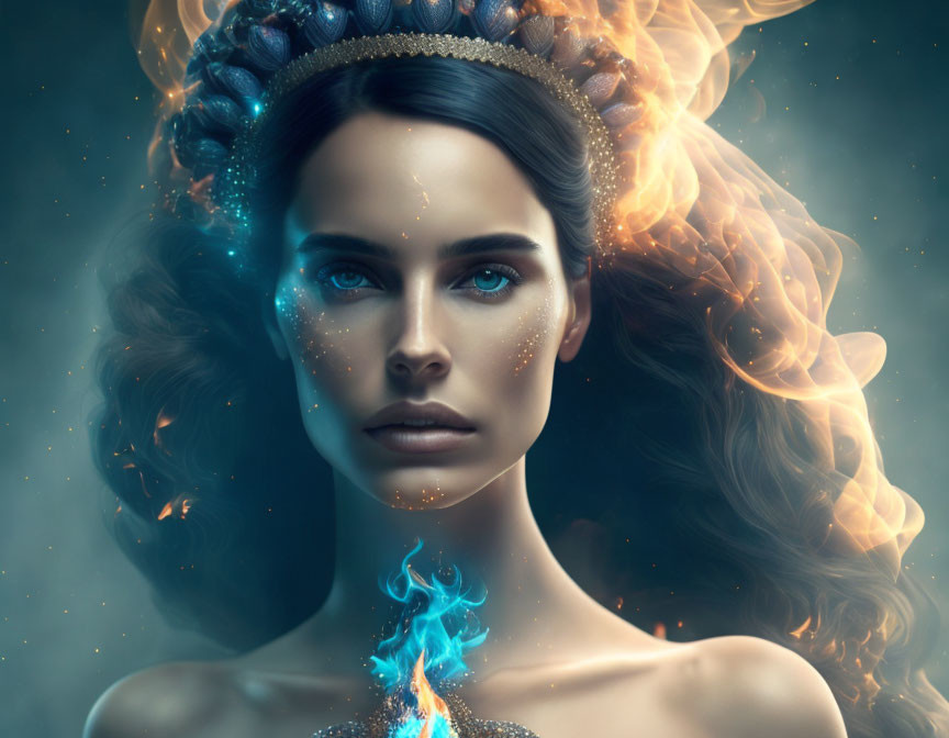 Mystical woman with blue eyes and fiery hair adorned with celestial jewels.