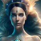 Mystical woman with blue eyes and fiery hair adorned with celestial jewels.