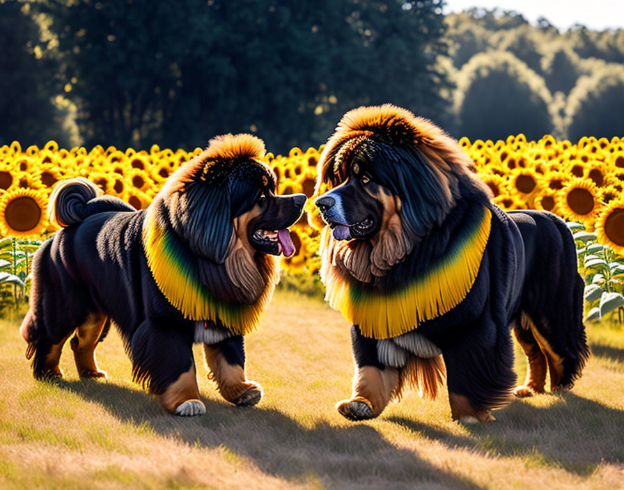 Fluffy lion-like dogs in sunflower field with sunlight filtering through trees