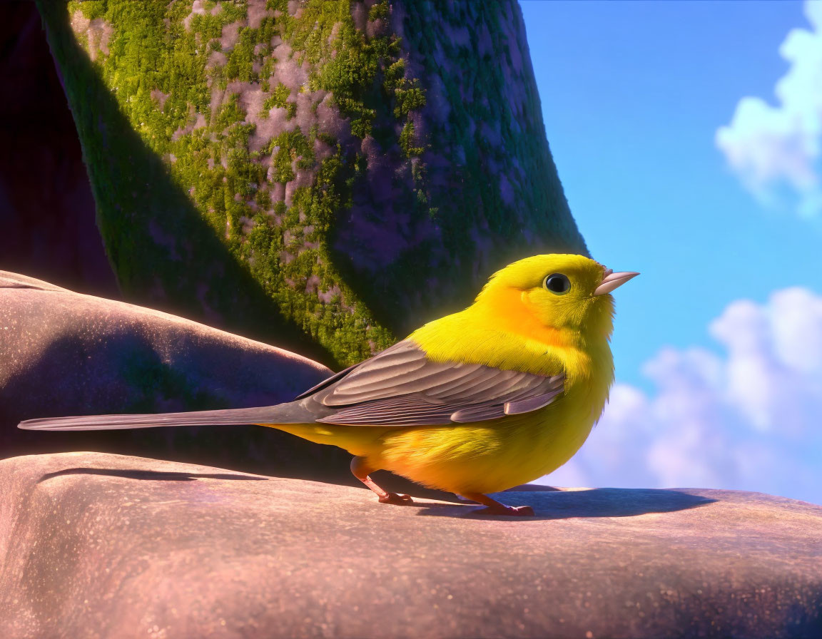 Yellow animated bird on rock with mossy background.