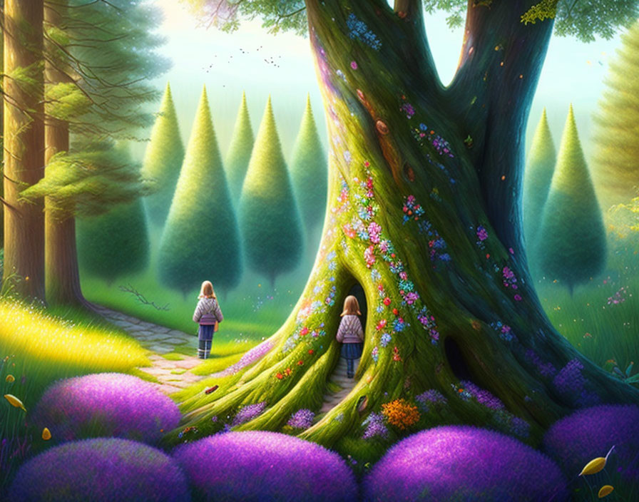 Children walking towards glowing forest with large tree and vibrant flora