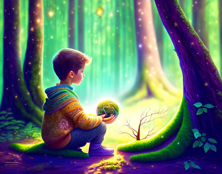 Boy with glowing orb in magical forest with vibrant trees and shimmering lights