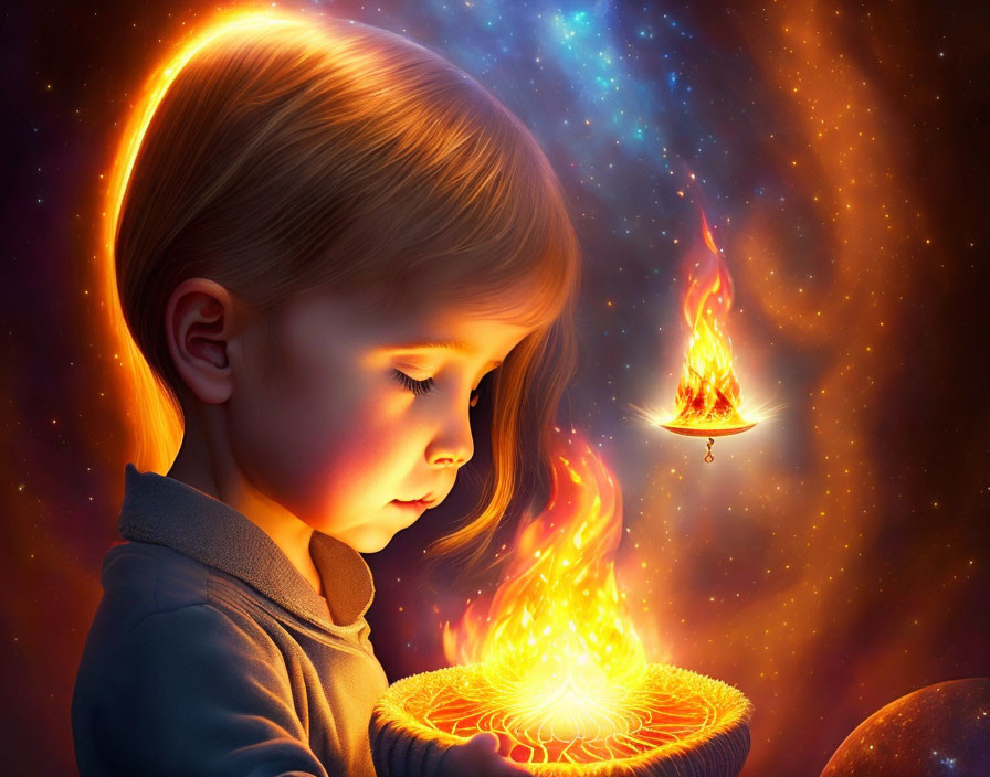 Child mesmerized by glowing fiery lamp under cosmic stars