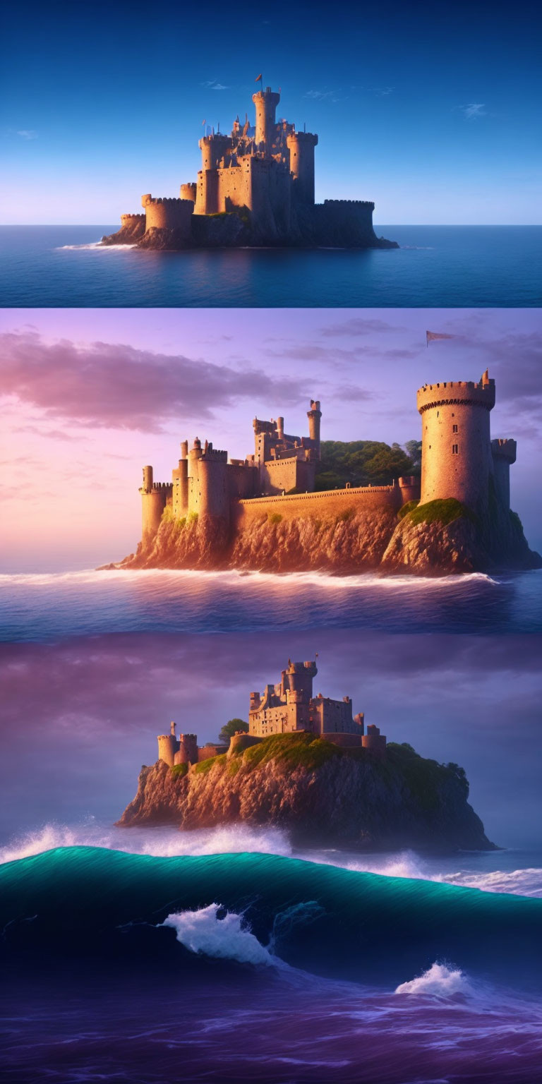 Castle on rocky island in different day times & weather conditions