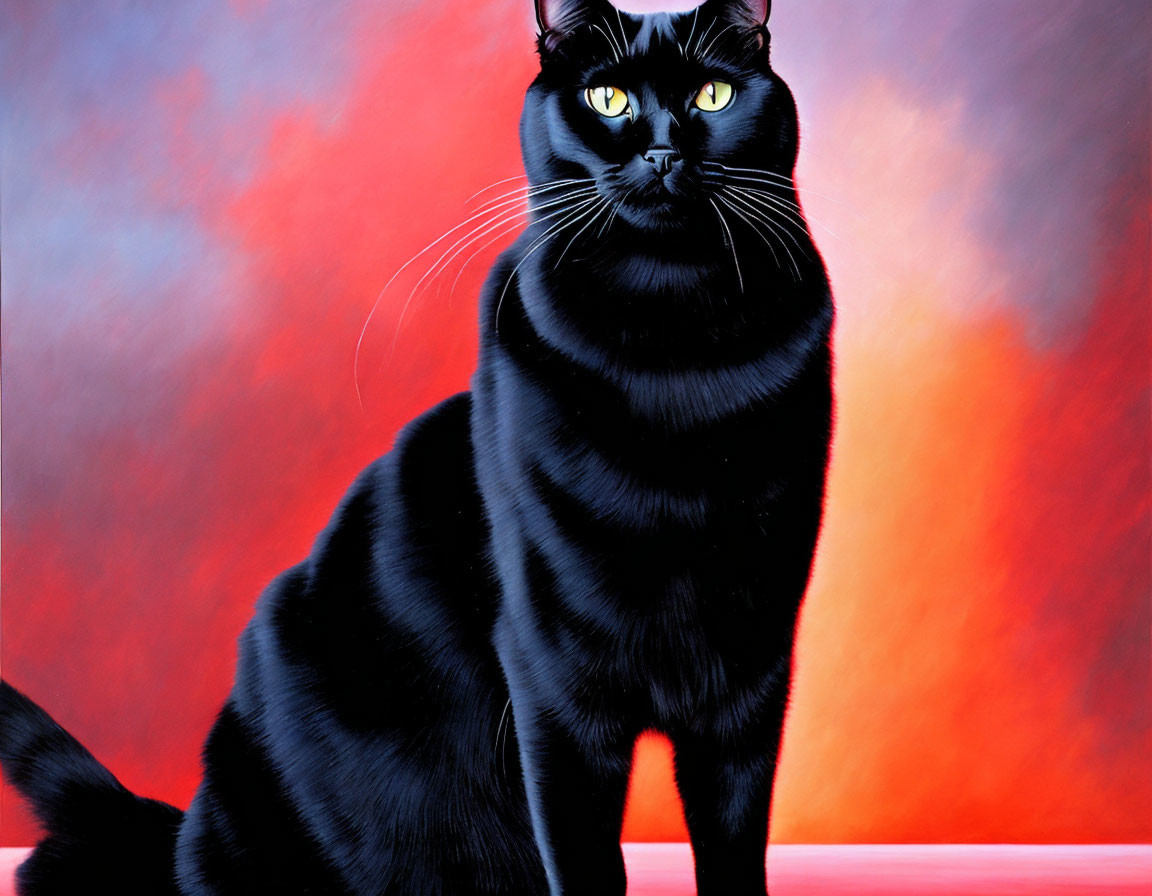 Black cat with yellow eyes on red and blue gradient background