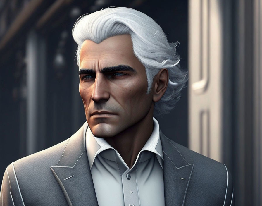 White-haired man in gray suit and white shirt: animated image