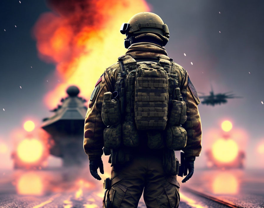 Military soldier in combat gear faces fiery explosion with helicopters and armored vehicles in war scene