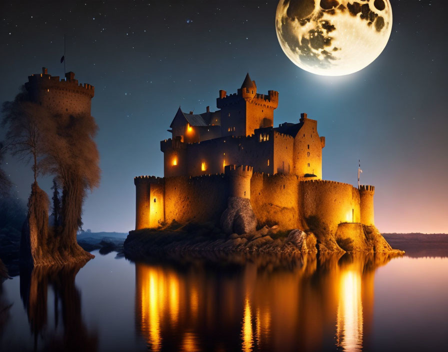 Castle at Night: Illuminated Windows, Moonlit Reflections, Starry Sky