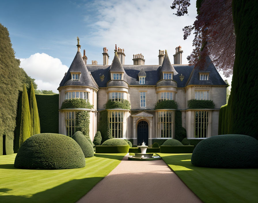 Château with conical roofs in manicured gardens and lush greenery