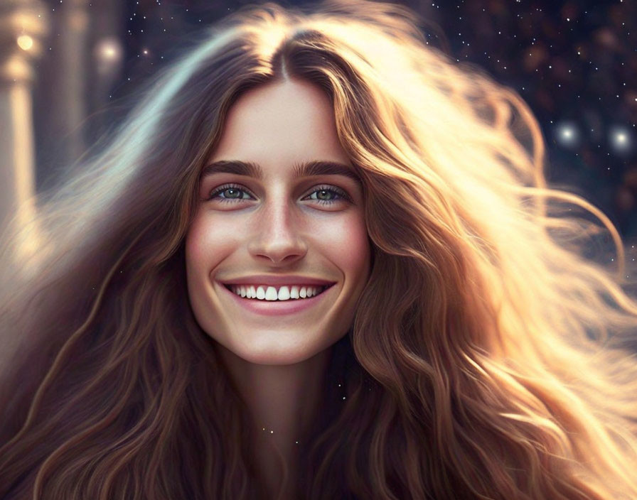 Digitally created image of woman with long wavy hair and blue eyes smiling against twinkling lights