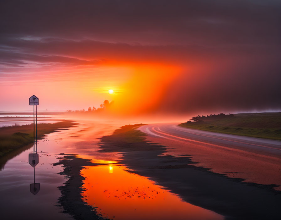 Vivid orange sunset reflected on wet road by water with road sign and mist.