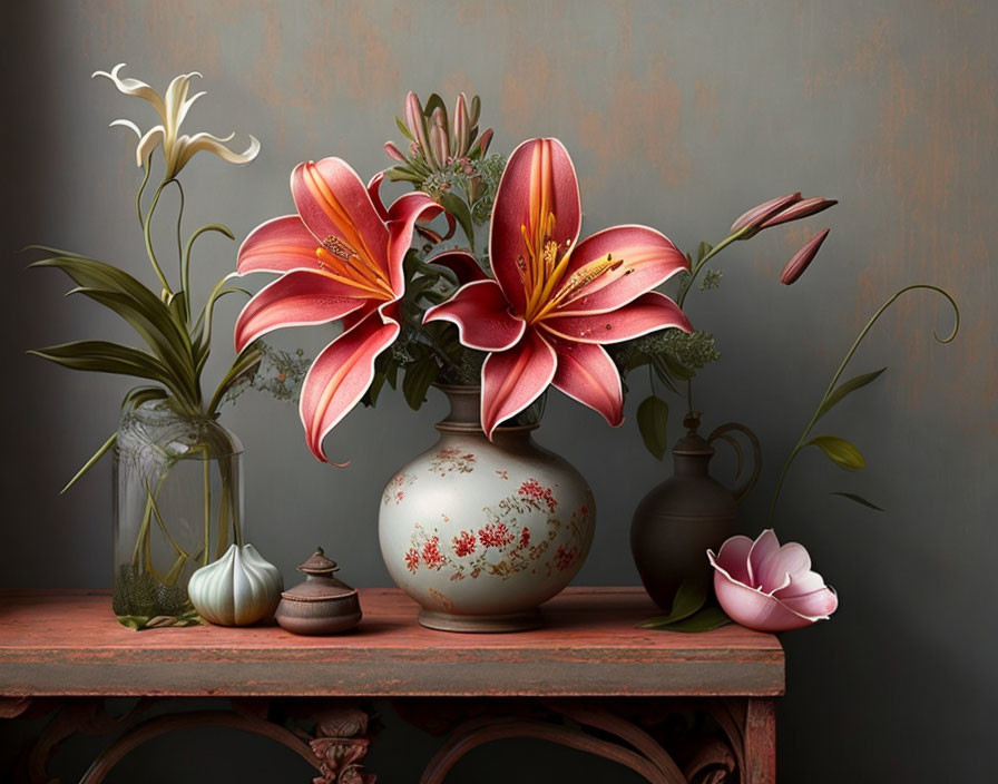 Vibrant pink lilies in white vase with pottery and plants on wooden table