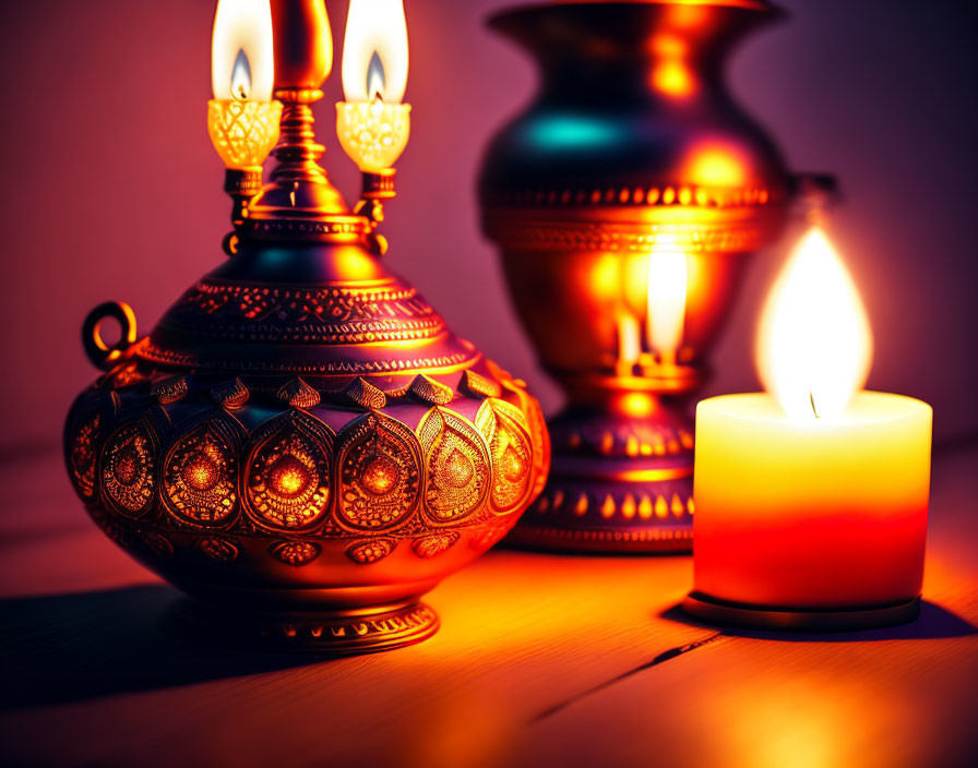 Intricately designed lamp, candle, and vase on wooden surface