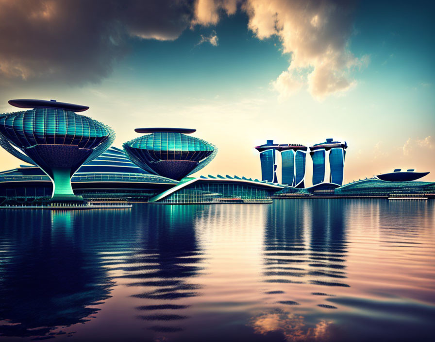 Distinctive futuristic skyline with dome-like buildings and interconnected towers reflected on calm water.