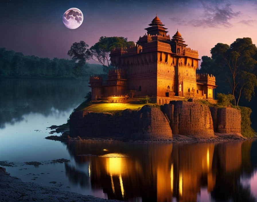 Ancient castle illuminated at night by lake with moonlit sky