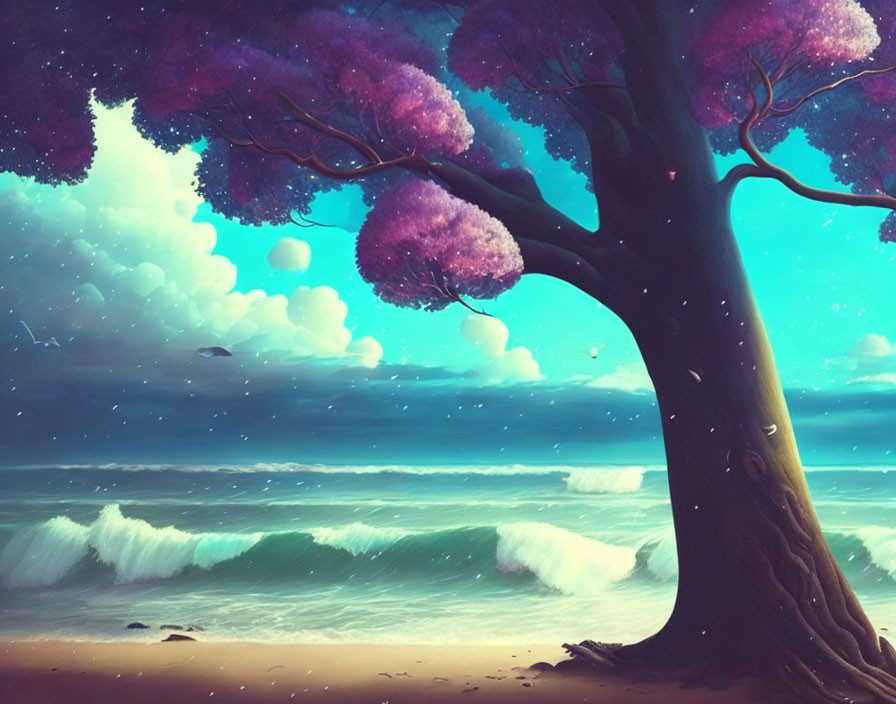 Digital artwork of purple tree on serene beach