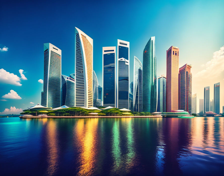 Modern skyscrapers reflecting on water in vivid cityscape