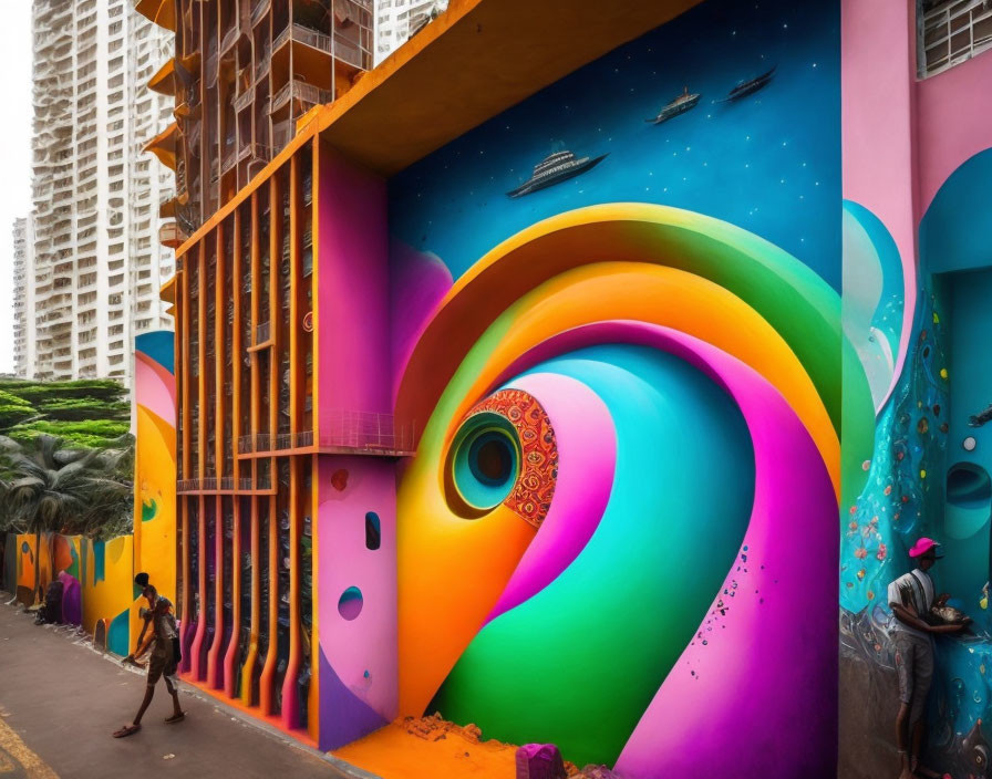 Colorful street mural featuring swirling patterns, spaceships, and eye motif.