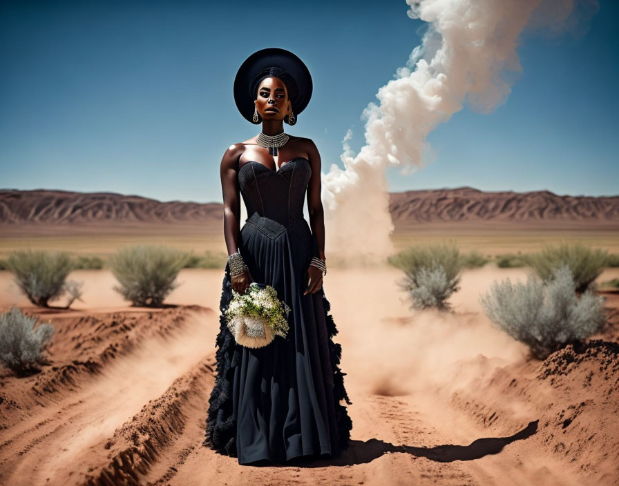 Woman in elegant black dress and wide-brimmed hat in desert with smoke plume.