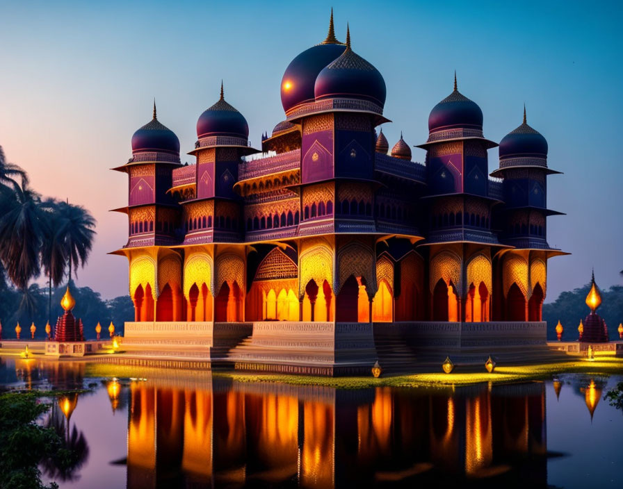 Palace with domes and arches reflected in water at twilight