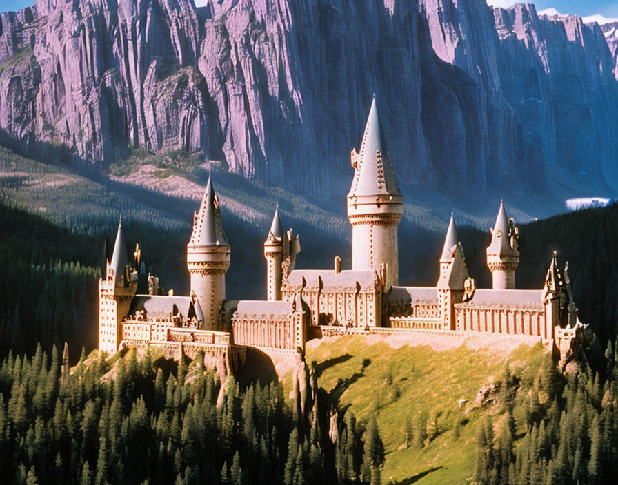 Castle with Multiple Spires Amid Mountains and Forest