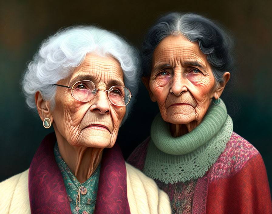 Realistic portrait of two elderly women in glasses, warmly dressed, gazing gently.