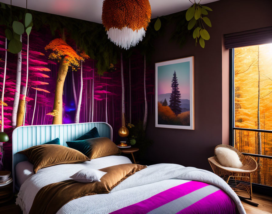 Autumn-themed bedroom with purple lighting, teal headboard, nature wall art, and woven chair