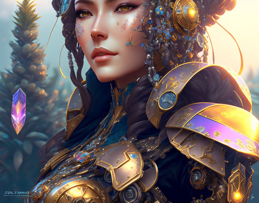 Digital artwork of woman in golden armor with embedded crystals