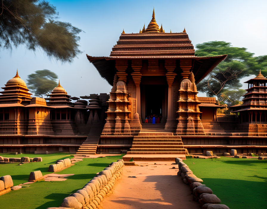 Tiered tower temple with intricate carvings and stairs against clear sky at dusk