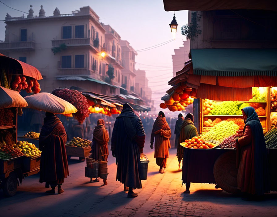 Traditional market scene at dusk: vibrant fruit stalls, locals in hooded garments.