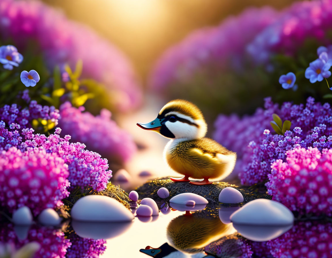 Duckling surrounded by purple flowers near tranquil water under golden sunlight