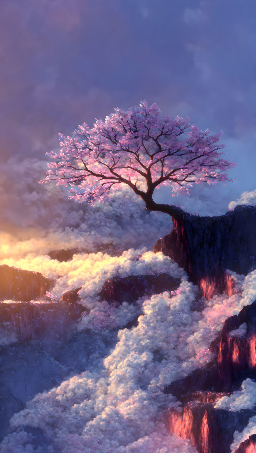 Cherry Blossom Tree on Cliff Under Pastel Sunrise Sky