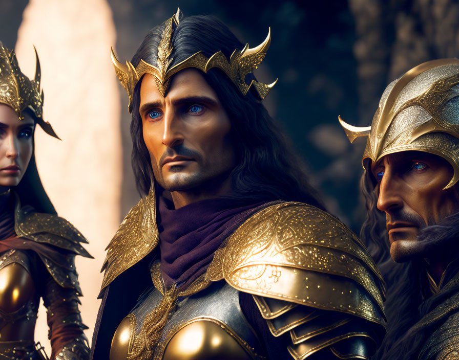 Three individuals in ornate golden armor with regal crowns, standing in dimly lit forest setting